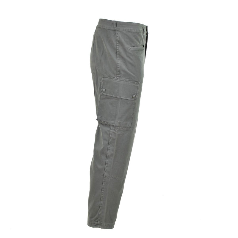Side view of gray genuine French military air forces cargo pants with reinforced knees and multiple pockets