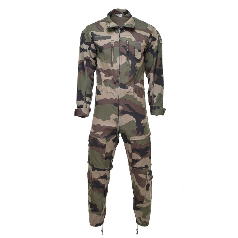 Genuine French military CCE camouflage coverall jumpsuit with roomy fit, reinforced elbows and knees, and utility pockets