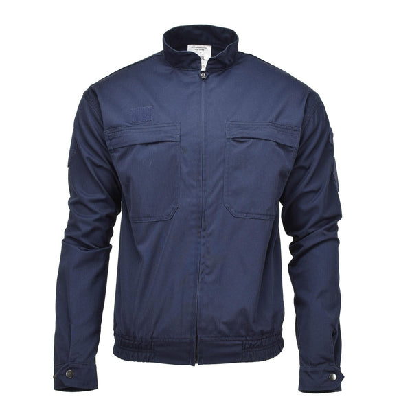 Dark blue French Military Police sports jacket with elastic waist and chest pockets for active duty use.