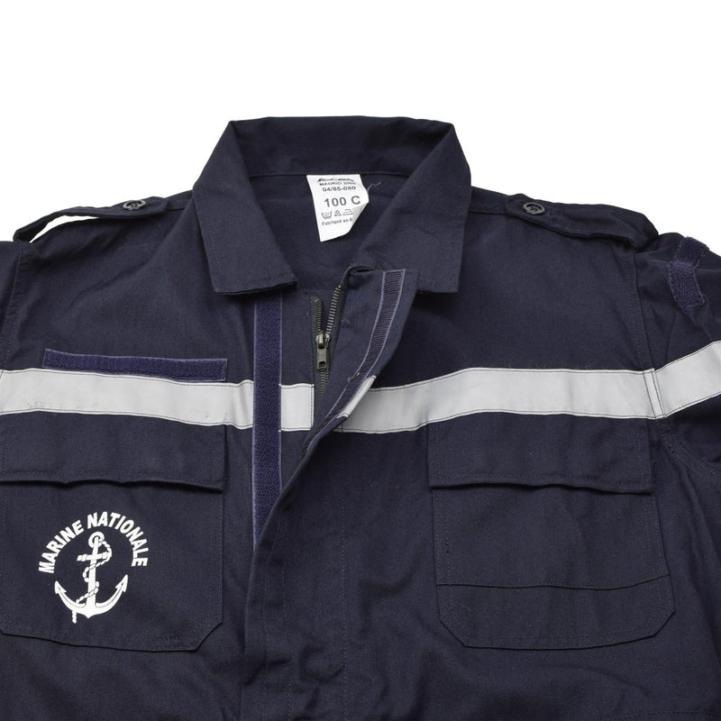 Genuine French navy coverall jumpsuit in dark blue with reflective bands and Marine Nationale anchor emblem.
