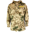 German army desert flecktarn camouflage parka with hood, multiple pockets, adjustable cuffs, designed for rugged outdoor use.