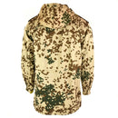 Back view of German army desert flecktarn field jacket parka with hood and adjustable cuffs.