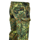 Close-up of Genuine German Army Flecktarn camouflage combat pants with cargo pockets and reinforced stitching.