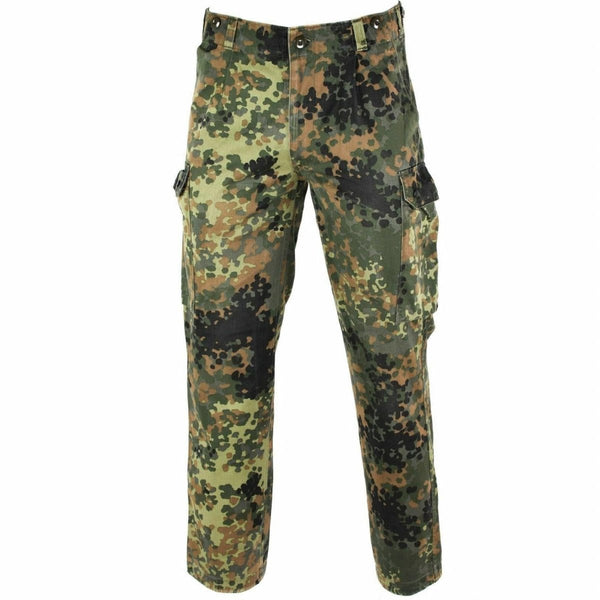 Genuine German army flecktarn camouflage combat pants with multiple secure pockets for outdoor and military use.