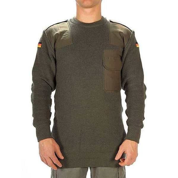 German army green olive wool sweater with reinforced patches, chest pocket, and German flag insignia on sleeves.