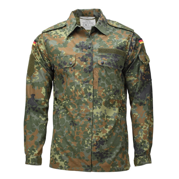 Chemise de campagne militaire allemande authentique pour femme avec fermeture à boutons-pression et camouflage Flecktarn