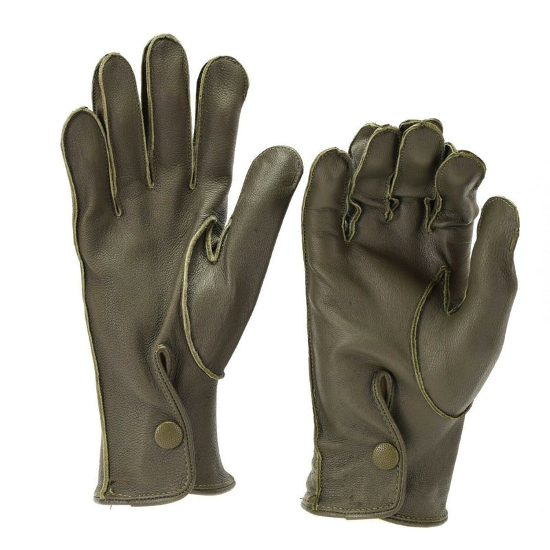 Genuine German police issue olive drab leather patrol gloves with snap-button wrist for durable outdoor protection.