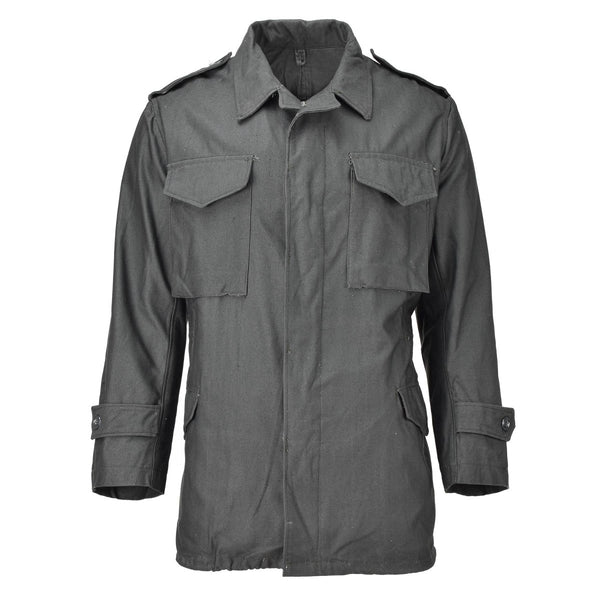 Genuine Greek Army M65 grey unlined military jacket with buttoned cuffs, epaulets, and multiple pockets for rugged use.