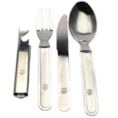 Hungarian military 4-piece stainless steel cutlery set with fork, knife, spoon, and can opener, featuring military insignia.