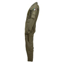 Side view of genuine Italian army olive green aramid flight suit coverall with patch on sleeve and zipped pockets