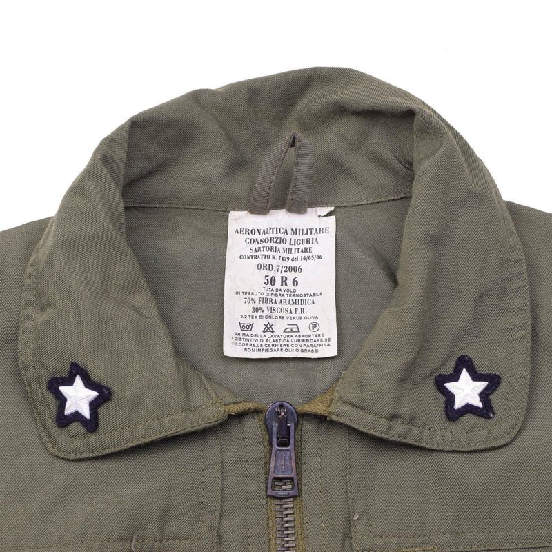 Close-up of olive genuine Italian army coverall flight suit collar with star patches and zipper closure