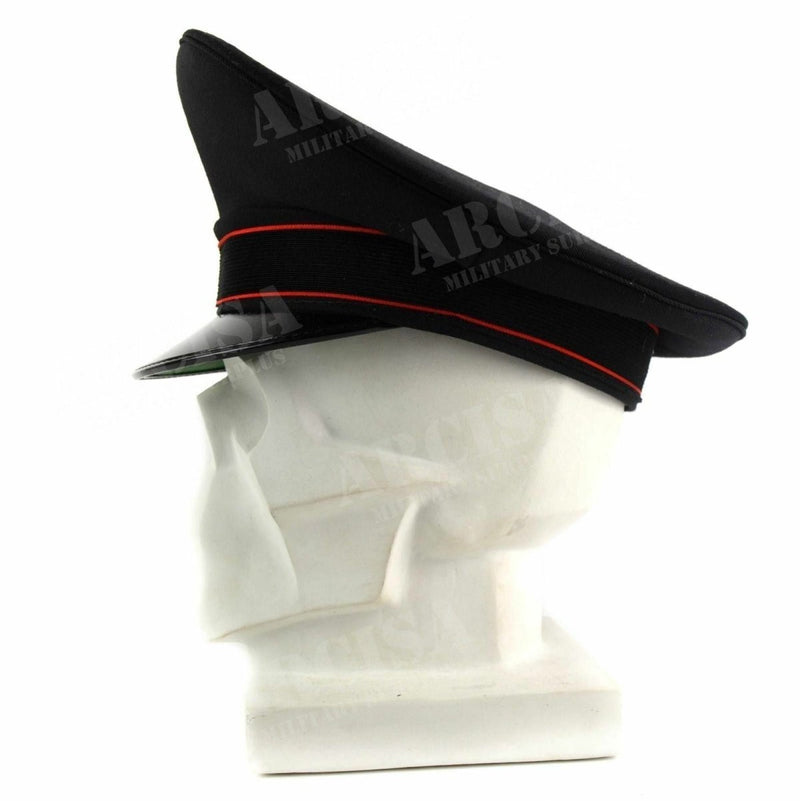 Black Italian Army Military Police peaked cap with red piping and visor displayed on a white mannequin head