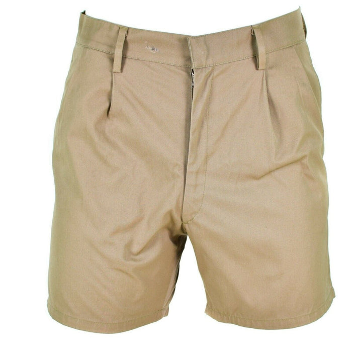 Genuine Italian khaki military shorts with zippered front, belt loops, and durable breathable fabric for outdoor and casual wear.