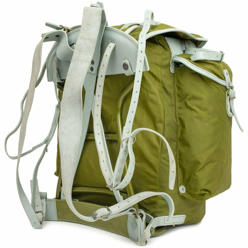 Vintage Norwegian military backpack with metal frame, durable canvas and leather straps, designed for rugged outdoor use
