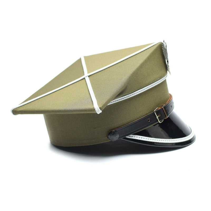 Vintage Polish military officer peaked visor hat with eagle cockade and leather strap detailing