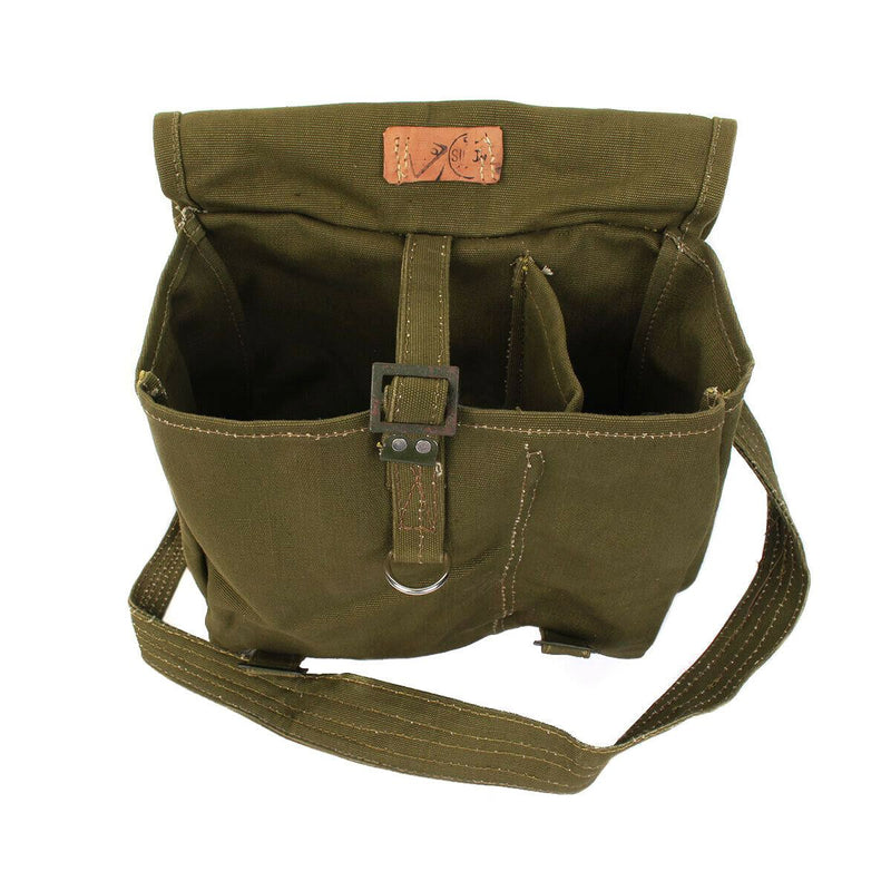 Genuine Romanian army olive canvas bread bag with adjustable strap and durable metal buckle, military surplus haversack.