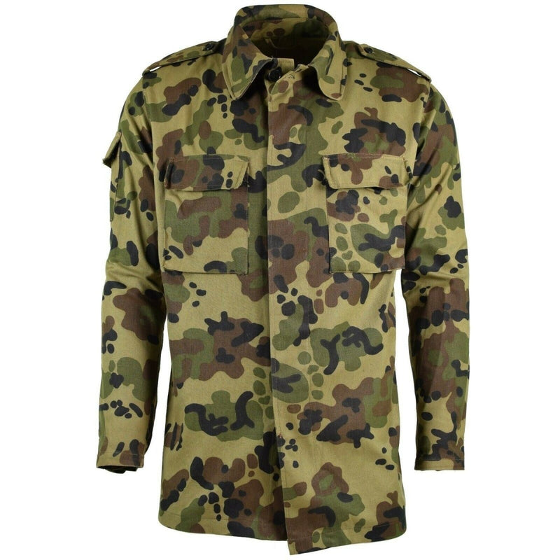 Genuine Romanian army M93 field jacket in camo leaf pattern with buttoned chest pockets and durable fabric design.