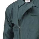 Close-up of green Spanish military workwear coverall with zipper and zippered chest pocket detail