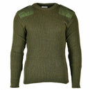British Army olive green wool sweater with reinforced shoulders and elbows, rib-knit collar, cuffs, and waistband.