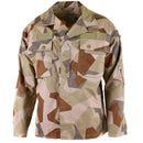 Swedish army M90 desert camo lightweight combat shirt with chest pockets and reinforced elbows for desert environments.