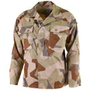 Genuine Swedish Army M90 desert camo combat shirt with chest pockets and reinforced elbows, lightweight and durable.