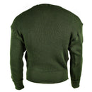Back view of genuine Swedish military green wool sweater jumper with full zip and ribbed cuffs and waistband