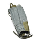 Genuine Swiss military wool gaiters in gray with leather reinforcements, designed for hiking and cold weather protection.