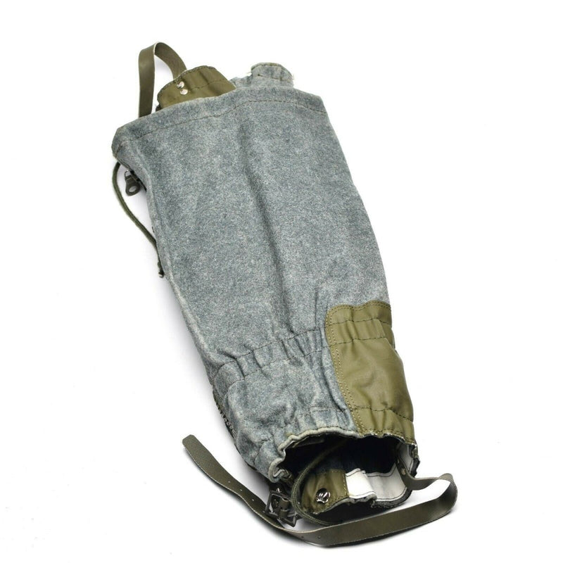 Genuine Swiss military wool gaiters in gray with leather reinforcements, designed for hiking and cold weather protection.
