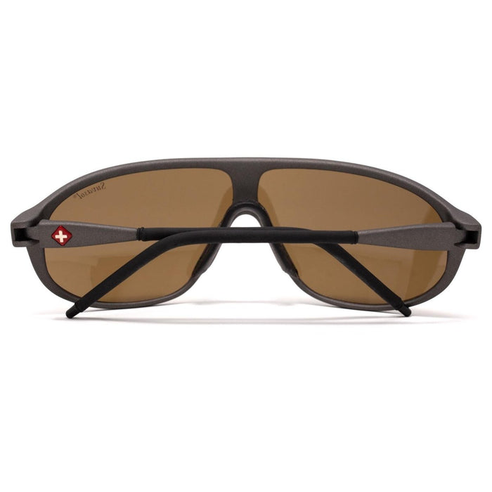 Lunettes de soleil SUVASOL noires d'origine de l'armée suisse avec verres marron et logo croix suisse rouge sur la branche, vues de l'arrière