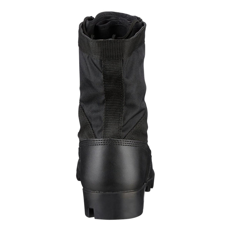 Rear view of genuine U.S. Army Jungle black leather PANAMA combat boots with nylon upper and durable sole