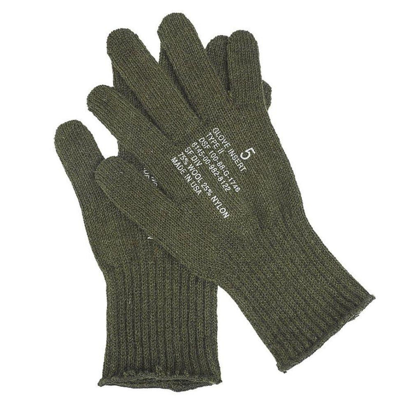 Pair of genuine US Army wool blend military glove insert liners in olive green, designed for warmth and durability.
