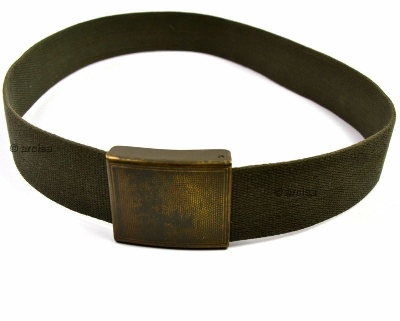 Vintage German army olive green belt with brass buckle, part of Y-strap suspenders tactical harness set