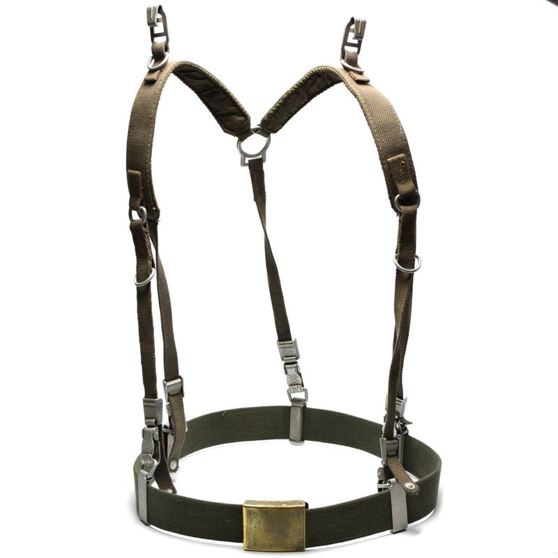 German army Y-strap suspenders with heavy polyester belt and brass buckle for tactical gear and outdoor use