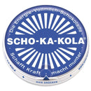 Blue round tin of German Scho-Ka-Kola whole milk chocolate with energy-boosting caffeine, 100g package.