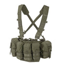Helikon-tex Guardian chest rig vest in olive green with multiple pockets, adjustable straps, and MOLLE panel for tactical use.