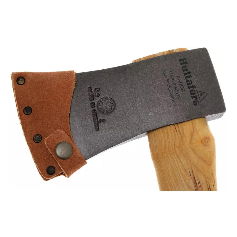 Close-up of HULTAFORS H009SV hand-forged carbon steel axe head with leather sheath and lightweight hickory handle