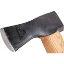 Close-up of HULTAFORS Qvarfot small forest axe head with sharpened carbon steel blade and long hickory handle