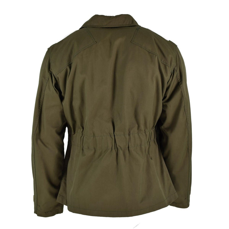 Back view of Italian army olive drab field jacket with adjustable waist and military design features