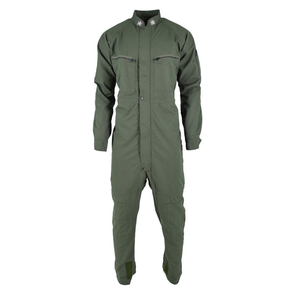 Olive green Italian army tanker coverall jumpsuit military surplus with zippered chest pockets and high collar design