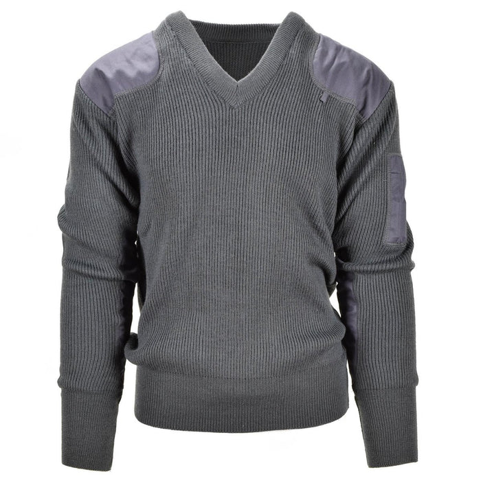 Gray sweater with patch details on a white background