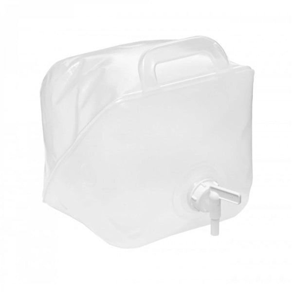 Katadyn collapsible 10L water canister made of food-grade material with handle and spout for easy pouring and storage.