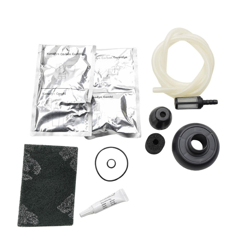 Replacement parts kit for Katadyn Combi Plus water filter including hoses, seals, cleaning pads, and cartridges