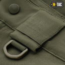 Close-up of olive green M-TAC Army style Bermuda shorts showing durable fabric, belt loop, and D-ring detail.