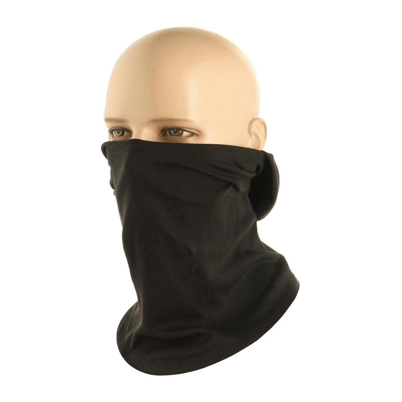 Black M-TAC military style balaclava face mask on mannequin, lightweight and designed for winter warmth and comfort.