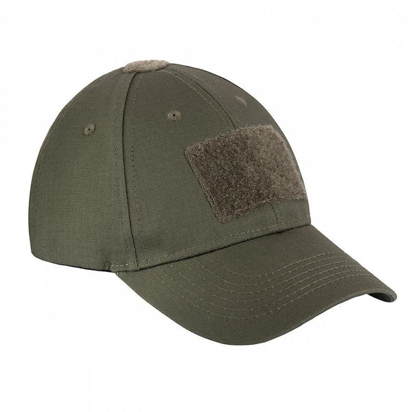 Military green tactical baseball cap with adjustable strap and front patch, lightweight and foldable for outdoor use.