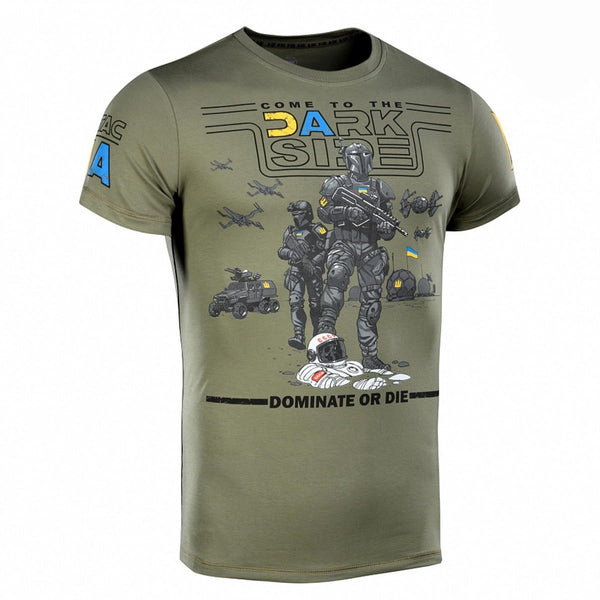 Olive green M-TAC military style t-shirt with tactical soldiers graphic and Ukrainian flag detail on sleeve.