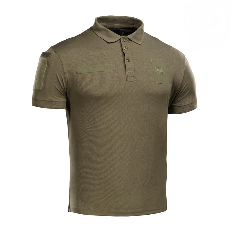 Olive green M-TAC military style tactical polo shirt with breathable, lightweight fabric and hook-and-loop patches.
