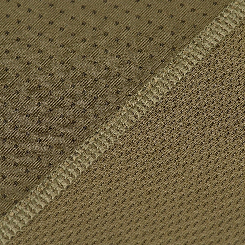 Close-up of olive breathable lightweight polyester fabric with stretch and stitched seam from M-TAC tactical military t-shirt