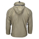 Back view of lightweight thermal anorak jacket with hood in olive drab green for outdoor sports.