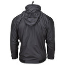 Back view of MFH brand lightweight black hooded thermal Anorak jacket for outdoor sports and activities.